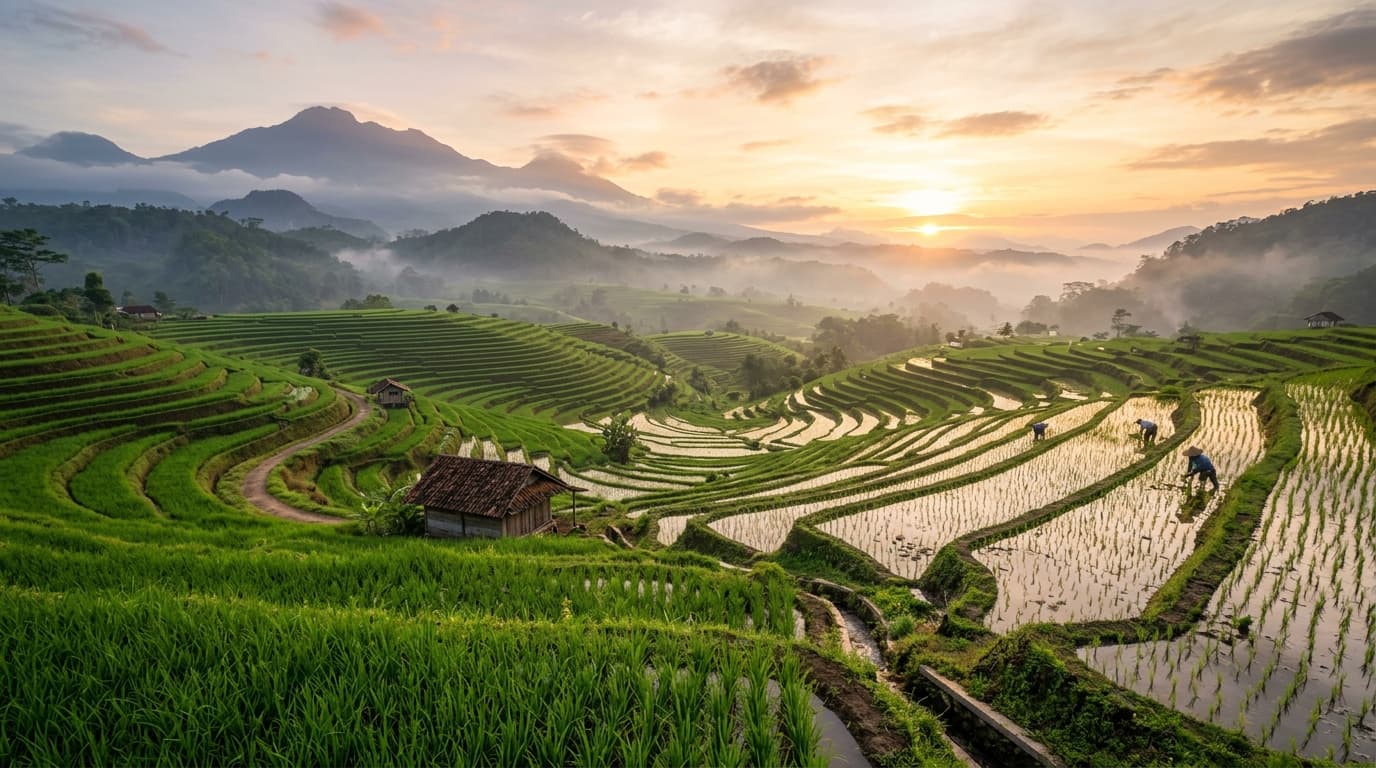 Lanskap persawahan terasering saat senja